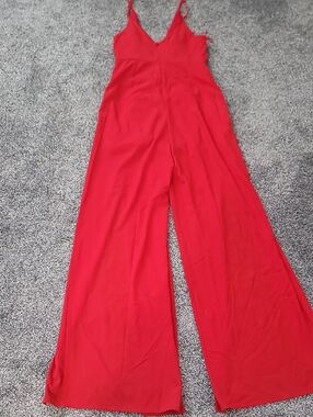 Luxxel Red Wide-Leg V-Neck Spaghetti Strap Jumpsuit